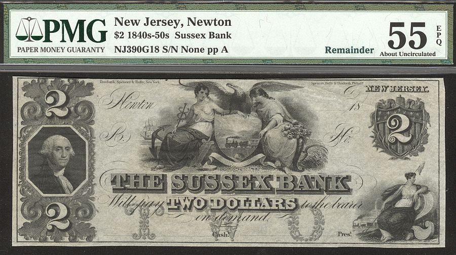 Sussex Bank of Newton, New Jersey, 1840s-50s $2, PMG55-EPQ